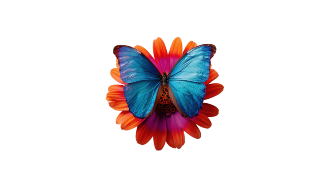 Butterfly on Flower: A flat lay of a butterfly perched on a vibrant flower, isolated on a Transparent background, PNG file.