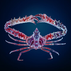 Vibrant king crab with intricate details on its spiky red shell against a deep blue background.