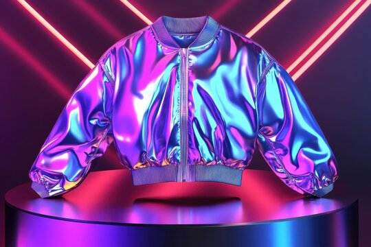 Holographic bomber jacket displayed on a pedestal. - Powered by Adobe