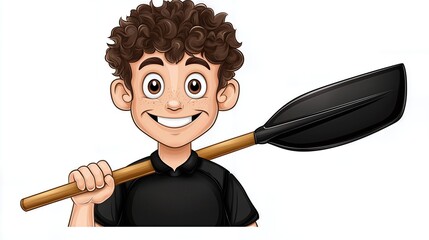 Smiling Boy with Curly Brown Hair Holds Wooden Paddle Against White Background