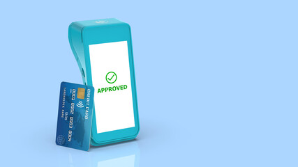 POS terminal with successful payment screen and credit card on a light blue background, NFC concept, isometric 3D illustration