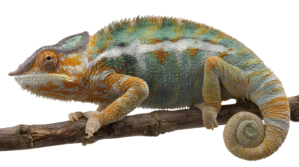 Chameleon Changing Colors: A chameleon changing its colors on a branch, isolated on a Transparent background, PNG file.