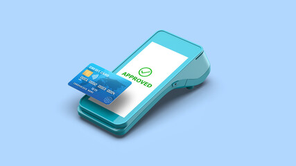 Contactless Payment Device With Credit Card and Approved Transaction Screen, Pos terminal, NFC concept, 3D illustration