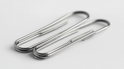 Close up shot of two metal paper clips on a white surface for office supplies