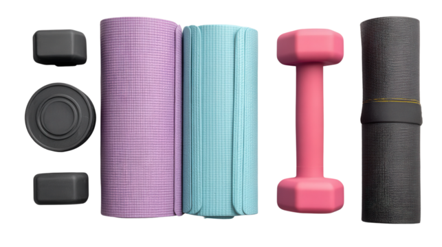 Clean Fitness Equipment: A flat lay of clean fitness equipment like yoga mats, dumbbells, and resistance bands, isolated on a Transparent background, PNG file.