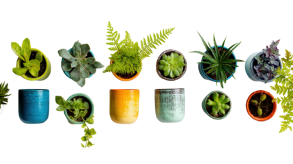 Colorful Plant Pots: A flat lay of colorful plant pots with vibrant plants like succulents and ferns, isolated on a Transparent background, PNG file.