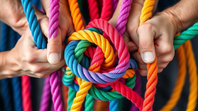 Hands holding tightly a vibrant knot of multicolored ropes representing unity and teamwork.