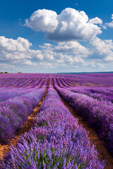 Obraz premium Vast lavender field under a blue sky with white clouds in Provence France