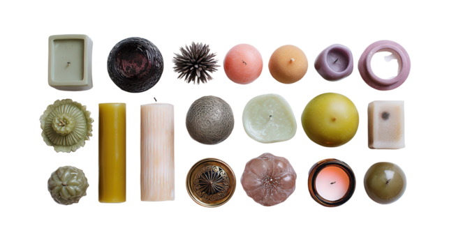 Creative Candle Arrangements: A flat lay of creative candle arrangements with various shapes and sizes, isolated on a Transparent background, PNG file.