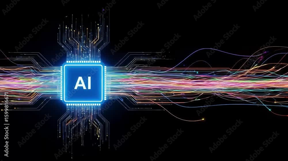 Poster ai chip advanced technology microprocessor system ai on chip glowing energy colors lines ai chip tec