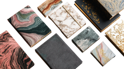 Creative Notebooks and Journals: A flat lay of creative notebooks and journals with unique covers, isolated on a Transparent background, PNG file.