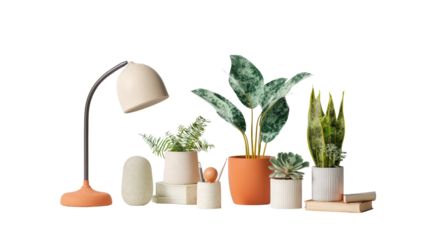 Creative Office Decor: A flat lay of creative office decor items like a modern lamp, potted plants, and unique desk accessories, isolated on a Transparent background, PNG file.