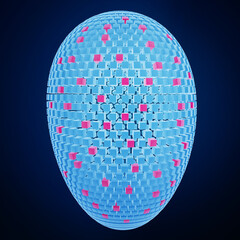 Futuristic 3D sphere with blue and pink geometric patterns against a dark background.
