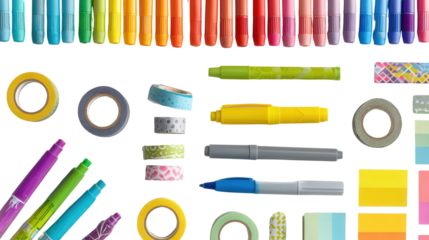 Creative Stationery Supplies: A flat lay of creative stationery supplies like markers, washi tape, and sticky notes, isolated on a Transparent background, PNG file.