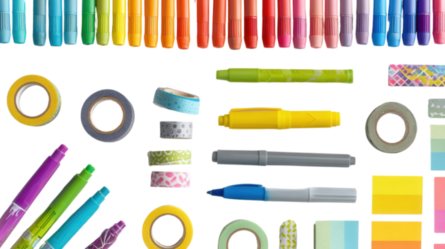 Creative Stationery Supplies: A flat lay of creative stationery supplies like markers, washi tape, and sticky notes, isolated on a Transparent background, PNG file.