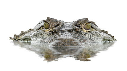 Obraz premium Crocodile in River: A crocodile submerged in a river with only its eyes above the water, isolated on a Transparent background, PNG file.