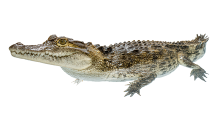 Crocodile in the Water: A flat lay of a crocodile swimming in the water, isolated on a Transparent background, PNG file.
