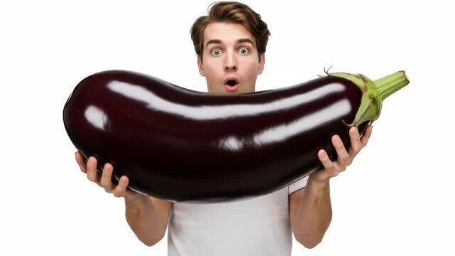 Man Holding a Giant Eggplant - A young man with a surprised expression holds a comically oversized eggplant in front of him against a white background.