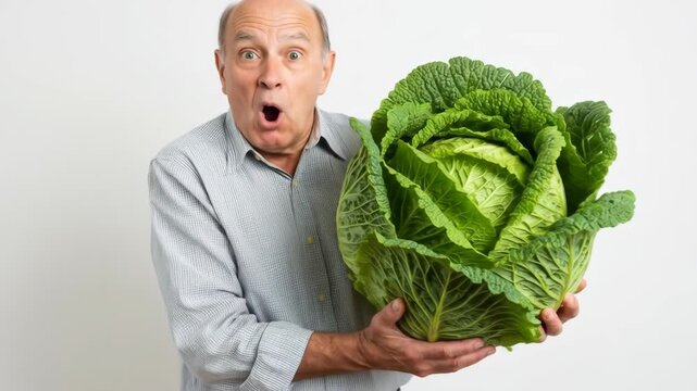 Senior Man Holding a Giant Cabbage with Surprised Expression - A surprised older man with a bald head holds a large, vibrant green savoy cabbage in his hands against a plain white background.