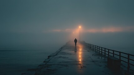 Man walking on foggy pier with soft light representing solitude, travel journey, mystery, and peaceful retreat