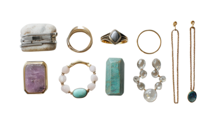 Custom-Made Jewelry: A flat lay of custom-made jewelry like rings, bracelets, and necklaces, isolated on a Transparent background, PNG file.