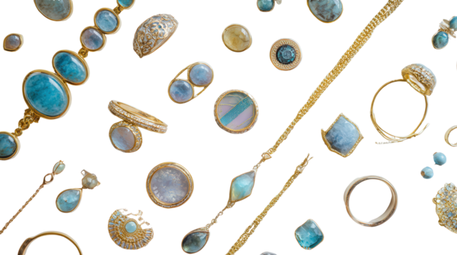 Custom-Made Jewelry: A flat lay of custom-made jewelry like rings, bracelets, and necklaces, isolated on a Transparent background, PNG file.
