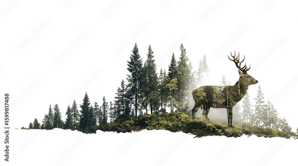Poster deer in the forest: a flat lay of a deer standing in the forest, isolated on a transparent backgroun