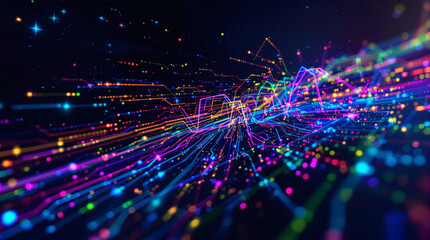 Abstract digital artwork depicting a vibrant, multicolored stream of glowing particles and lines against a dark background, resembling data flow or a cosmic phenomenon
