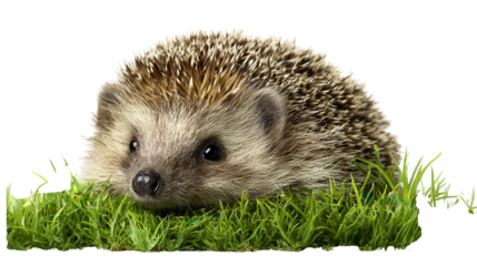 Cute Hedgehog in Grass: A flat lay of a cute hedgehog resting in grass, isolated on a Transparent background, PNG file.