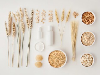 Natural skincare ingredients flat lay wheat oats grains spa product concept