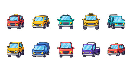 Icon set transparent background illustration of a vibrant collection of ten cartoon vehicles including cars suvs and trucks in various colors