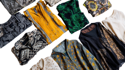 Designer Clothes : A flat lay of designer clothes with intricate patterns and fabrics, isolated on a Transparent background, PNG file.