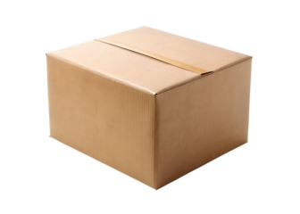 A closed brown cardboard box sealed with tape is positioned against a stark transparent background