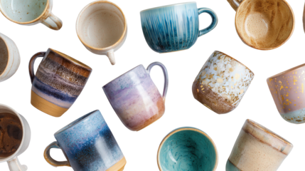 Designer Coffee Mugs: A flat lay of designer coffee mugs in unique styles, isolated on a Transparent background, PNG file.