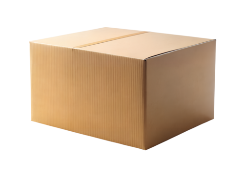A closed brown cardboard box sits isolated on a clean transparent background ready for shipping or storage
