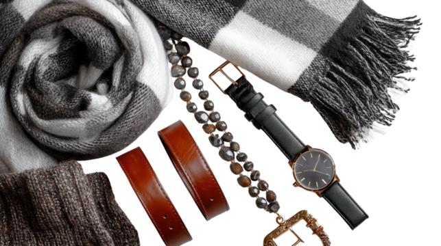 Designer Fashion Accessories: A flat lay of designer fashion accessories like scarves, belts, and watches, isolated on a Transparent background, PNG file.