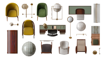 Designer Furniture Pieces: A flat lay of designer furniture pieces like chairs, desks, and lamps, isolated on a Transparent background, PNG file.