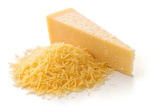 Wedge of Parmesan Cheese with Shredded Cheese on a White Background - Powered by Adobe