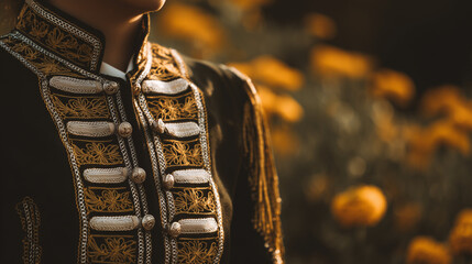 An embroidered charro jacket with silver buttons, bathed in golden sunset light, with marigold flowers softly blurred in the background.
