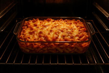 Pasta dish baking in oven.