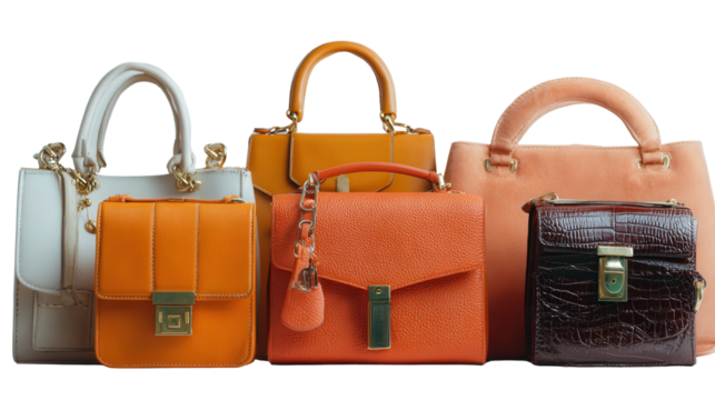 Designer Handbags : A flat lay of designer handbags made from premium leather, isolated on a Transparent background, PNG file.