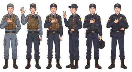 Cartoon illustrations of young men in modern military and police uniforms, each expressing a peaceful