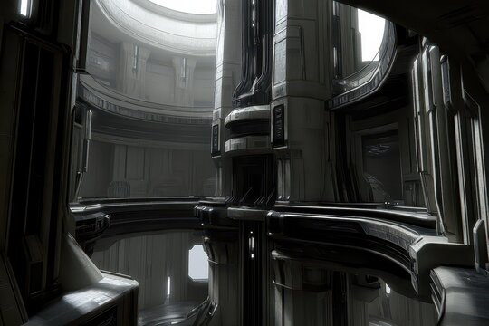 Interior architectural design of a futuristic structure.