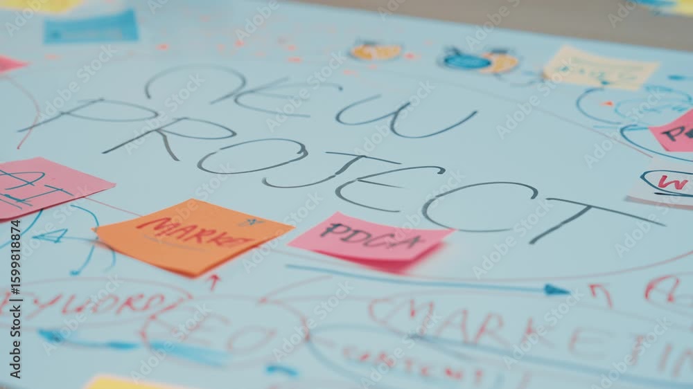 Poster a vibrant workspace featuring sticky notes and a mind map, illustrating a brainstorming session for 