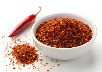 Red Chili Flakes in White Bowl with Fresh Pepper on White Background