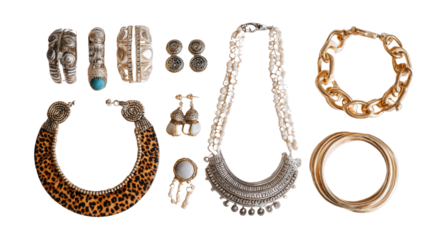 Designer Jewelry : A flat lay of designer jewelry pieces like necklaces, bracelets, and earrings, isolated on a Transparent background, PNG file.
