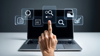 Laptop with Virtual Touchscreen Icons Featuring Hand Interacting with Data and Information Management Software Interface