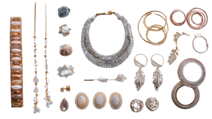 Designer Jewelry : A flat lay of designer jewelry pieces like necklaces, bracelets, and earrings, isolated on a Transparent background, PNG file.