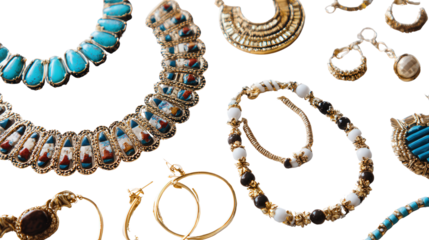 Designer Jewelry : A flat lay of designer jewelry pieces like necklaces, bracelets, and earrings, isolated on a Transparent background, PNG file.