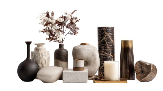 Designer Home Decor Pieces: A flat lay of designer home decor pieces like vases, candles, and sculptures, isolated on a Transparent background, PNG file.